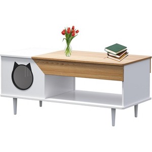 45" White Coffee Table Cat Living Room Tables with Storage Drawer, Wooden Rustic Coffee Table with Cat House, Hidden Kitty Litter Box Furniture - 1 of 4