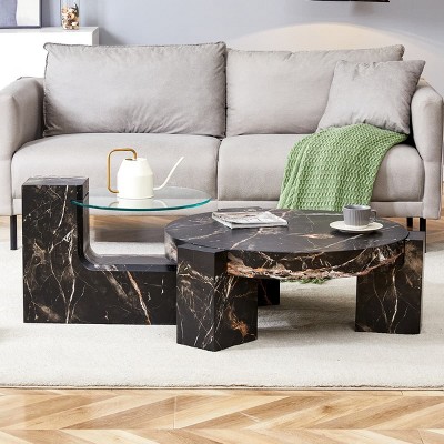 Modern Double Layer Marble Coffee Table with Detachable Glass Top Space Saving Round Table for Living Room Bedroom or Small Spaces-The Pop Home