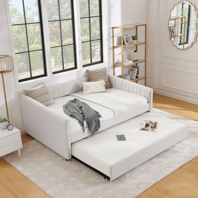 NicBex Twin/Full Size Daybed with Trundle,Linen Upholstered Sofa Bed with Vertical Stripes for Bedroom,Living Room,Apartment