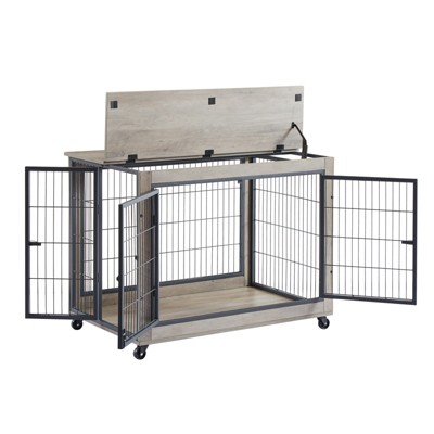 VisioGear Dog Crate, Side Table on Wheels with Double Doors and Lift Top, Grey, 38.58"*25.5"*27.36"
