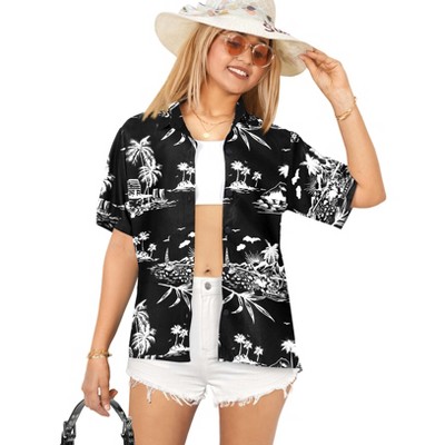 LA LEELA Women's Button Down Blouses Casual Summer Beach Party Blouses Shirt Hawaiian Blouse Short Sleeve Button Up Dress Tee Shirts
