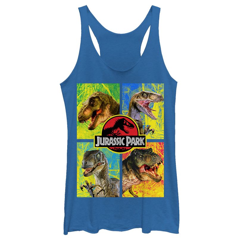 Women's Jurassic Park T. Rex and Velociraptor Racerback Tank Top, 1 of 4