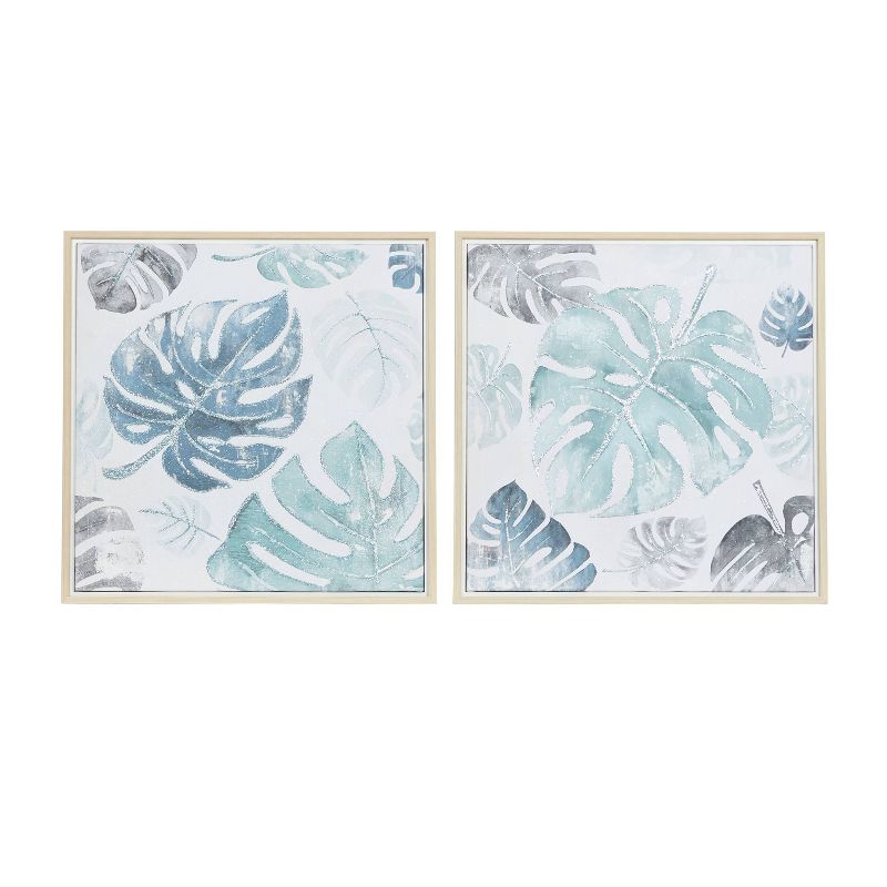 Canvas Leaf Handmade Tropical Framed Wall Art with Brown Frame Set of 2 Blue - CosmoLiving by Cosmopolitan, 2 of 8