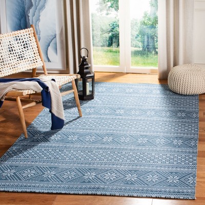 Blue and Ivory Floral Cotton Flat Woven Area Rug