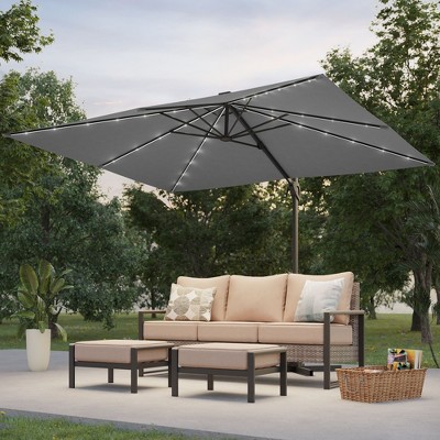 Sonkuki 10x8FT Round Offset Outdoor Patio Solar LED Cantilever Umbrella, 360° Rotation and Canopy Angle Adjustment