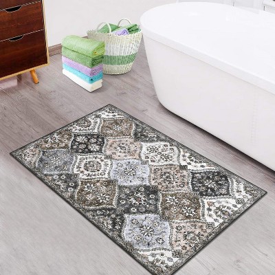 Washable  Area Rug, Non-Slip TPR Backing, Stain Resistant, Vintage Floral Design, Foldable Low Pile Accent Carpet for Living Room & Bedroom