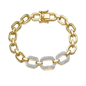 14K Yellow Gold-Plated Oval Chain Bracelet with Cubic Zirconia Pave Geometric Design, offering a sleek and elegant look with sparkling detail. - 1 of 2