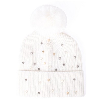 Women's Solid Color 100% Acrylic Knit Hat with colorful pearls and pom
