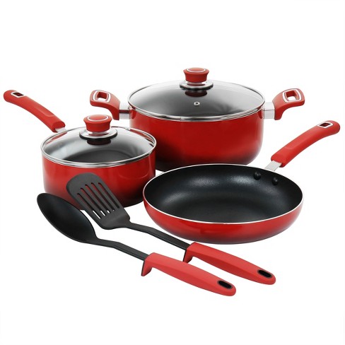 BELLA Nonstick Cookware Set with Glass Lids - Aluminum Bakeware, Pots and  Pans, Storage Bowls & Utensils, Compatible with All Stovetops, 21 Piece, Red