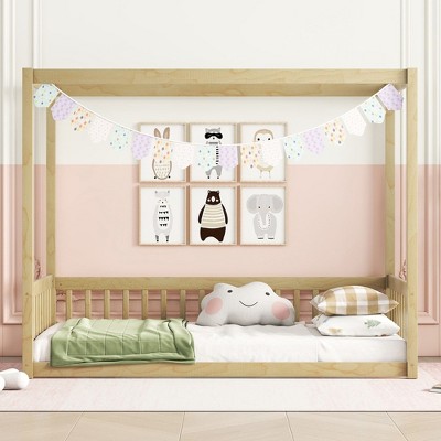 NicBex Twin Size Wooden Canopy Bed, Modern Platform Bed Frame with Fence for Boy and Girl, Easy Assembly