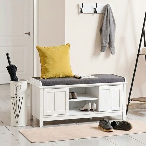 Resenkos Entryway Shoe Bench Storage Ottoman - Sliding Doors, Adjustable Shelving, 6 Compartments, Padded Seat, Holds 10 Pairs, White - 1 of 4