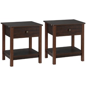 HOMCOM End Table with Drawer, Side Table with Top and Bottom Shelf for Small Spaces, Set of 2, Dark Brown - 1 of 4