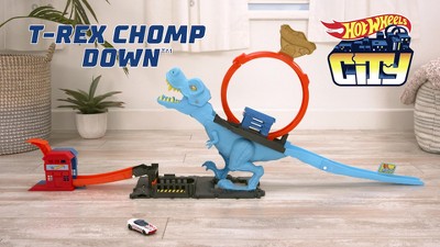 Hot Wheels City Track Set with 1 Toy Car, Race Through A Giant Loop to  Defeat A Big Dinosaur, T-Rex Loop Stunt and Race Playset