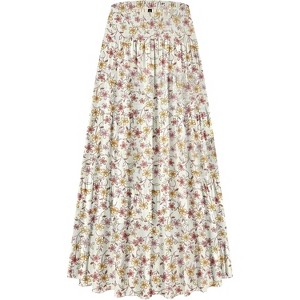 Women's Chiffon Boho Maxi Skirt - High Waist Tiered Pleated Floral A-Line Long Skirt Yellow Floral - 1 of 4