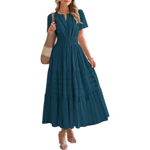 Women's 2025 Summer Casual Midi & Maxi Dress - Lightweight V-Neck Boho Beach Dress with Elastic Waist & Pockets Lake Blue - 1 of 4