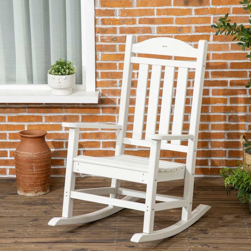 Outsunny Outdoor Rocking Chair, Traditional Slatted Porch Rocker with Armrests, Fade-Resistant Waterproof HDPE for Indoor & Outdoor, White, 3 of 7