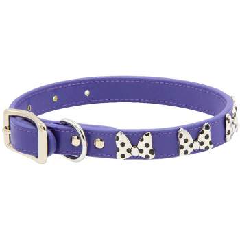 Buckle-Down Vegan Leather Dog Collar - Disney Purple with Silver Cast Minnie Mouse Bow Embellishments