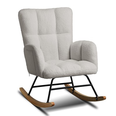 COMHOMA Modern Nursery Rocking Chair, Teddy Upholstered Glider Accent Chair with Side Pockets, High Backrest