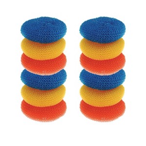 Lola Products Plastic Mesh Scouring Pads - 3.375" x 1.25", Non-Scratch Dish Cleaning Scrubbers, Assorted & Random Colors, Red, Blue or Yellow, 12 Pack - 1 of 4