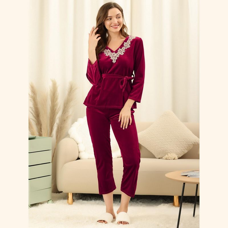 Allegra K Women's Velvet V Neck Lace with Belt Tie Soft Female Night Suit Pajama Sets, 2 of 7