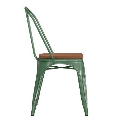 Green Metal Indoor-Outdoor Stackable Chair with Teak Seat