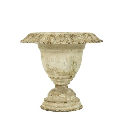 Antique-Style Metal Pedestal Planter Urn With Weathered Finish, Classic Baluster Body, And Distressed Base, Rustic Garden Decor Accent Piece