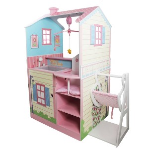 Classic Double-Sided Baby Doll Nursery Station Dollhouse Combo with Baby Doll Swing Chair, Pink/Beige - 1 of 4
