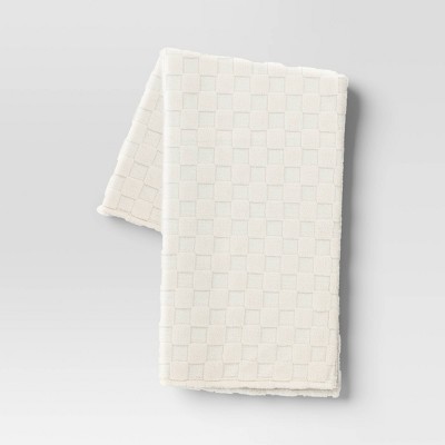 Image of Checkerboard Jacquard Plush Throw Blanket Ivory - Room Essentials™: Sensory Friendly, Midweight, 50x60"