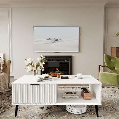 2-Tiers Coffee Table, 41.34''L Farmhouse Coffee Tables With Storage and Sliding Wave Pattern Door, Modren Tea Table, Wood