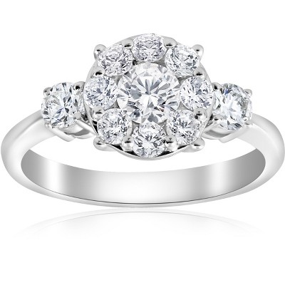 Pompeii3 1 1/4ct Round Diamond Engagement Ring Pave Halo 3-Stone White Gold Lab Created