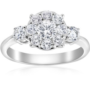 Pompeii3 1 1/4ct Round Diamond Engagement Ring Pave Halo 3-Stone White Gold Lab Created - 1 of 4