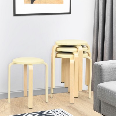 Beige Birch Bentwood Round Stool Set with Padded Seats - 4 Pack