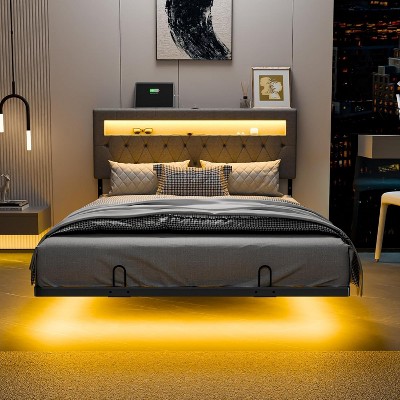 VINGLI Twin Floating Bed Frame with Upholstered Headboard,Charging Station/LED Lights, Modern Platform Bed, Grey