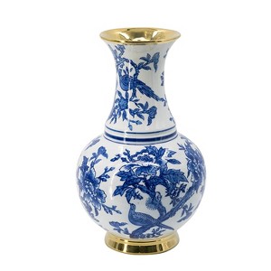 HomeRoots 16" Blue White And Gold Chinoiserie Floral Porcelain Table Vase - 1 of 4