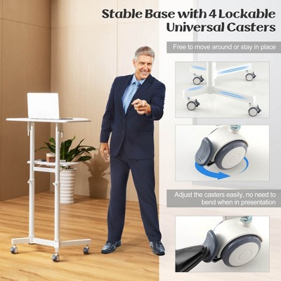 White Adjustable Mobile Podium with Storage Tray and Casters