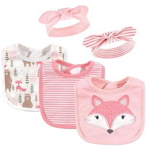 Hudson Baby Infant Girl Cotton Bib and Headband Set 5pk, Miss Fox, One Size - 1 of 4