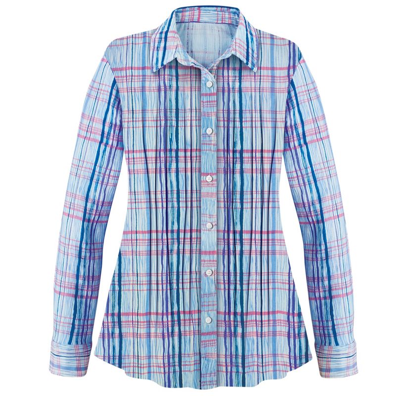 Collections Etc Plaid Pintuck Button-Front Cotton Shirt with Roll Tab Sleeves, 1 of 6