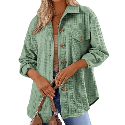 Coolmee Women's Cable Knit Lightweight Shacket Button Down Shirts Long Sleeve Casual Oversized Blouses Tops