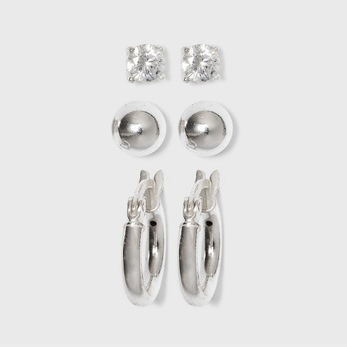 Sterling Cubic Zirconia Silver Ball Studs And Hoop Trio Earring Set - A New  Day™ Silver : Target