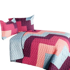 Slickblue Full/Queen 3PC Vermicelli-Quilted Quilt Set, Patchwork in Orange or Pink, Reversible, with Shams - 1 of 4