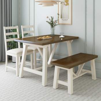 4-Piece Farmhouse Dining Table Set, Solid Wood Kitchen Table Set with Bench for Small Places - ModernLuxe