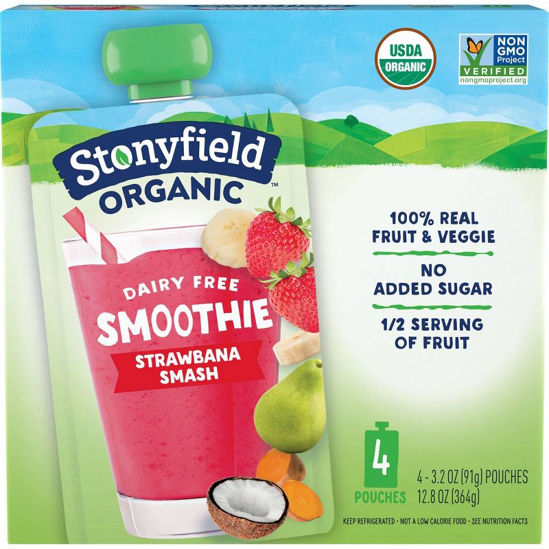 Stonyfield Organic Strawbana Smash Kids&#39; Dairy Free Smoothie - 4ct/3.2oz Pouches, 1 of 12