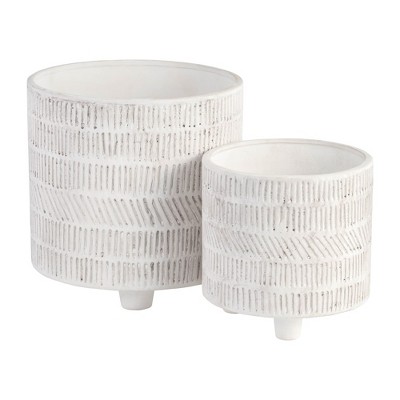 Ivory Geometric Ceramic Footed Planter Set of 2