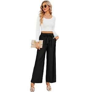 Clearlove Women's High Waist Wide Leg Long Palazzo Pants Front Knot Tie Elastic Trousers with Pockets Lounge Business Work Pants - 1 of 4