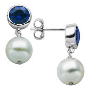 Sterling Silver Genuine White Pearl and Bezel Set Lab Created Blue Sapphire Post Earrings, Women