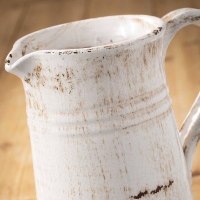 Off-White Glazed Ceramic Decorative Pitcher Vase 10"