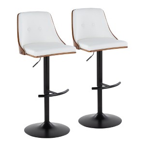 Faux Leather Mid-Century Modern Adjustable Swivel Barstool with Tufted Seat, Contoured Wood Back, and Rounded T Footrest, Set of 2 - 1 of 4