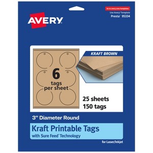 Avery Printable Round Tags with Sure Feed Technology, 3" Diameter, Kraft Brown Cardstock, Print-to-the-Edge, Laser/Inkjet, 150 Total - 1 of 4
