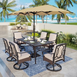 Captiva Designs 7pc Patio Geometric Pattern Rectangle Dining Table & Rattan Swivel Chairs & Beige Umbrella - 1 of 4