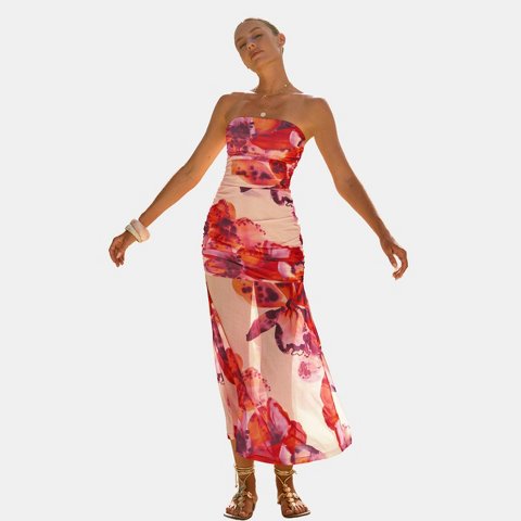 Женские платья Cupshe Women's Strapless Maxi Dress with Vibrant Floral Print-L-Pink